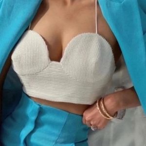 Zara Oyster White Pearl Beaded Crop Top Bralette Barbiecore Bloggers Fave Size S